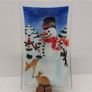 Peggy Karr Snowman Christmas Holiday Fused Glass Art Dish Small Platter Vintage